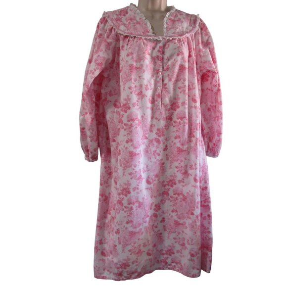 Modest Flannel Nightgown Pink Rose National Ladies M Missing Button Vintage GUC - Picture 2 of 13